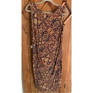 Peruvian Connection sleeveless blue/gold ruched sides midi dress